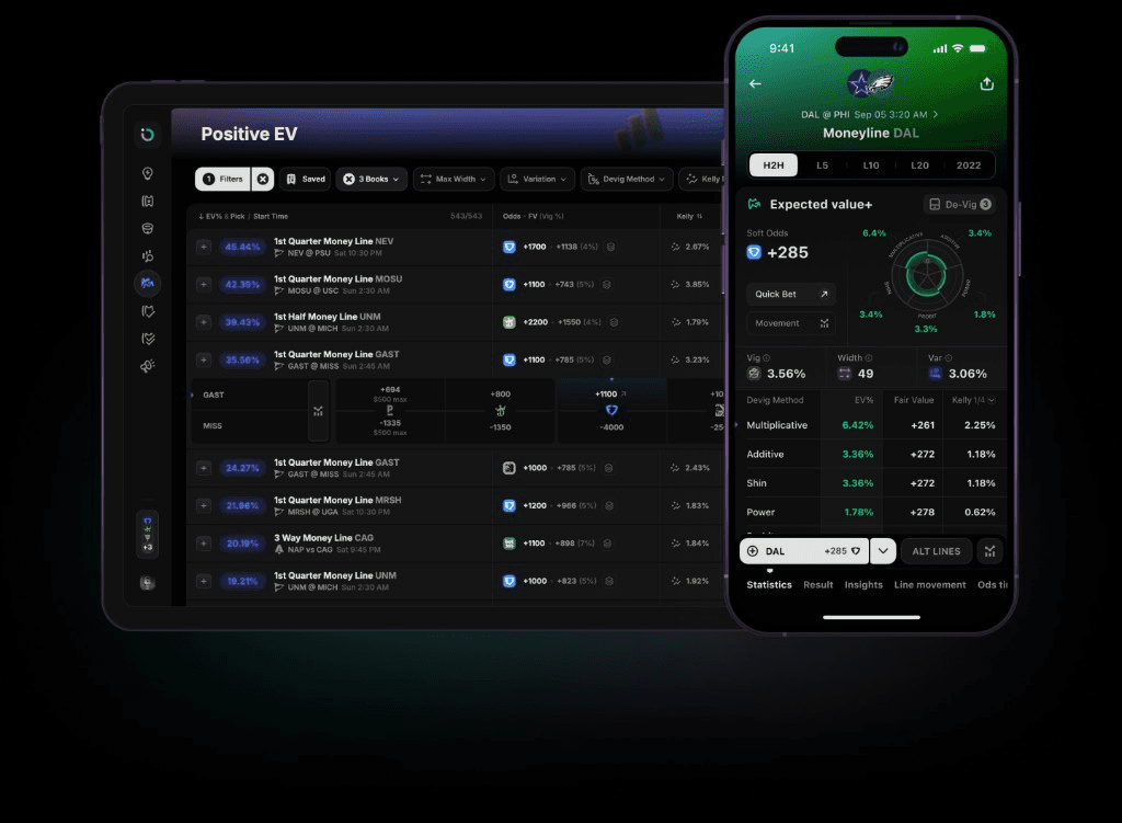 Outlier running on a tablet and a phone, showing NFL betting research